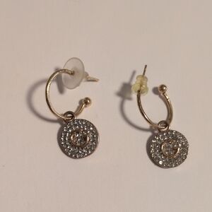Elegant Gold G Initial and Silver Rhinestones Disc Earrings
